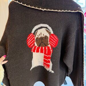 FLAT WHITE Snug Pug Dog Icon Cardigan Sweater NWT